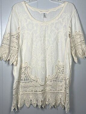 Lapis Crochet Lace Embroidered Floral Ivory Cream Tunic Blouse Top Shirt M